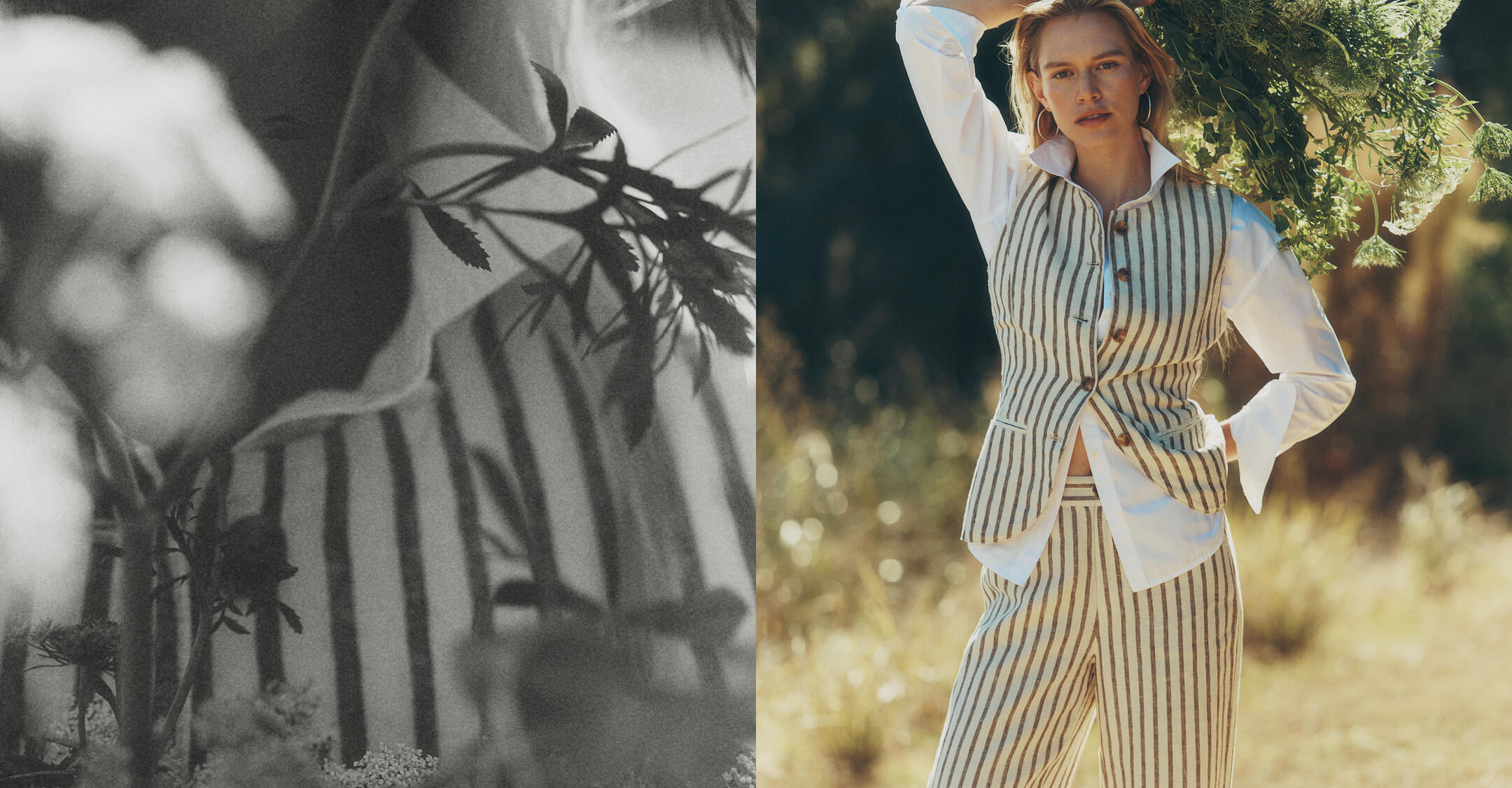 Diptych of a female model wearing a striped vest and matching pants over a white shirt, holding a bouquet of wildflowers over her head