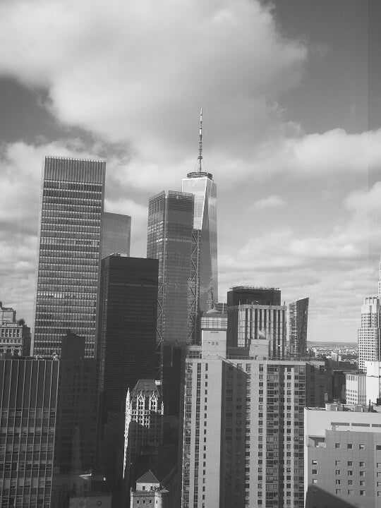 a black and white photo of the lower manhattan skyline as viewed from the design studio
