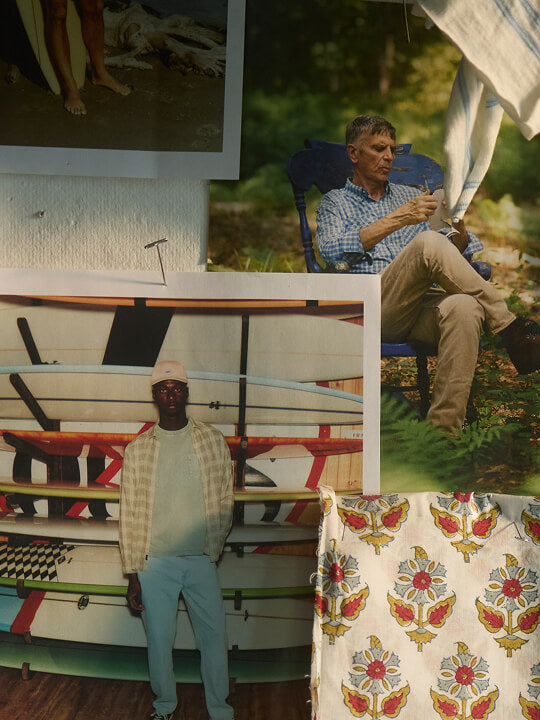 A moodboard of menswear lifestyle imagery and fabric swatches