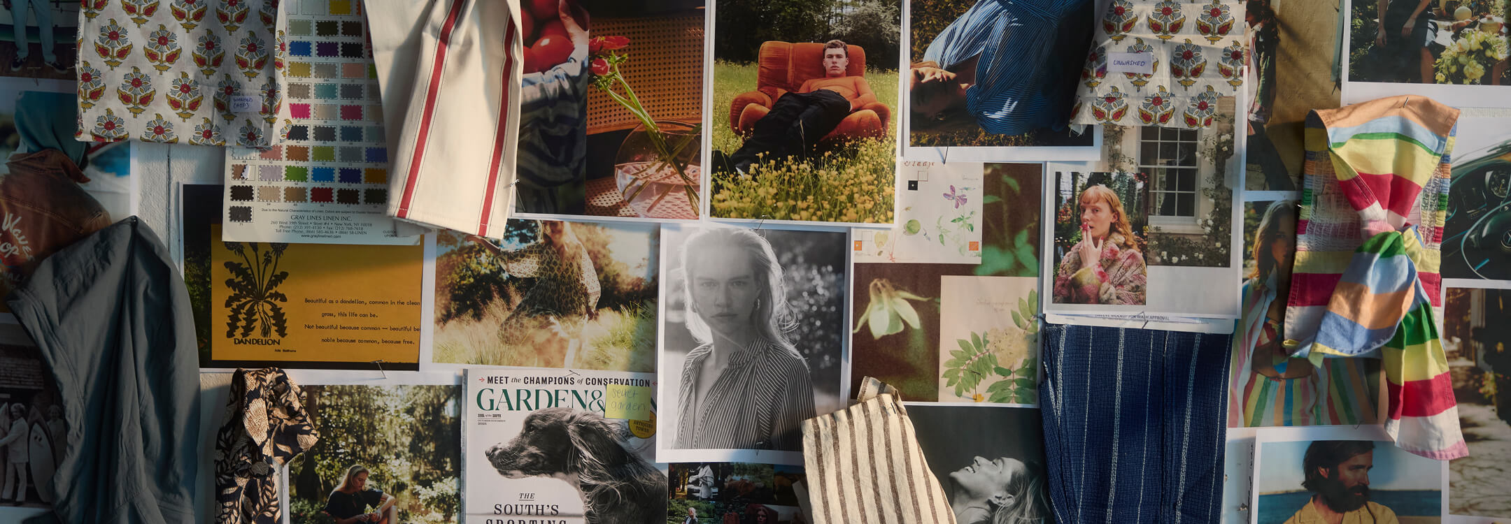 Moodboard of women's lifestyle imagery and fabric swatches