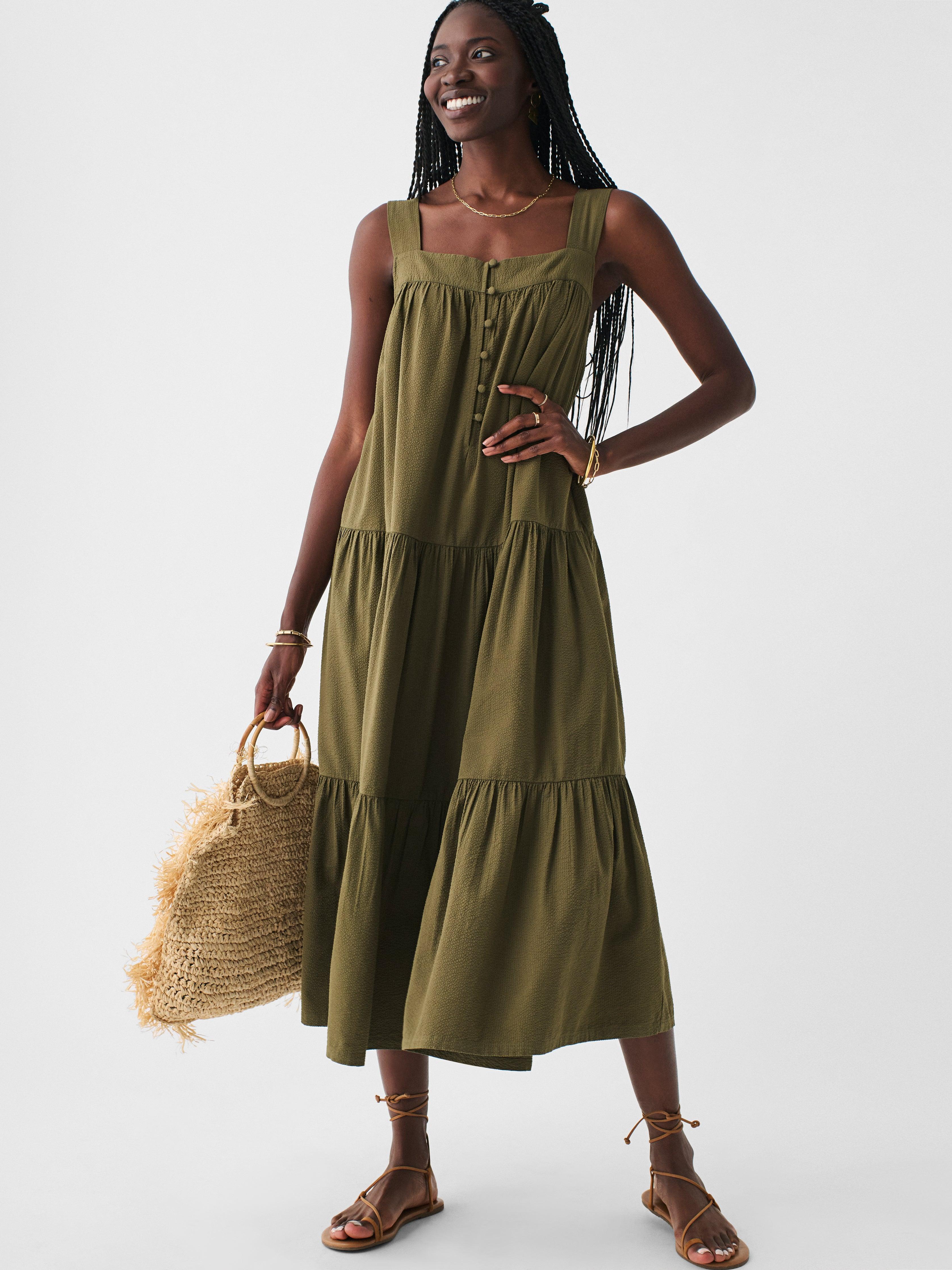 Marina Seersucker Dress - Military Olive